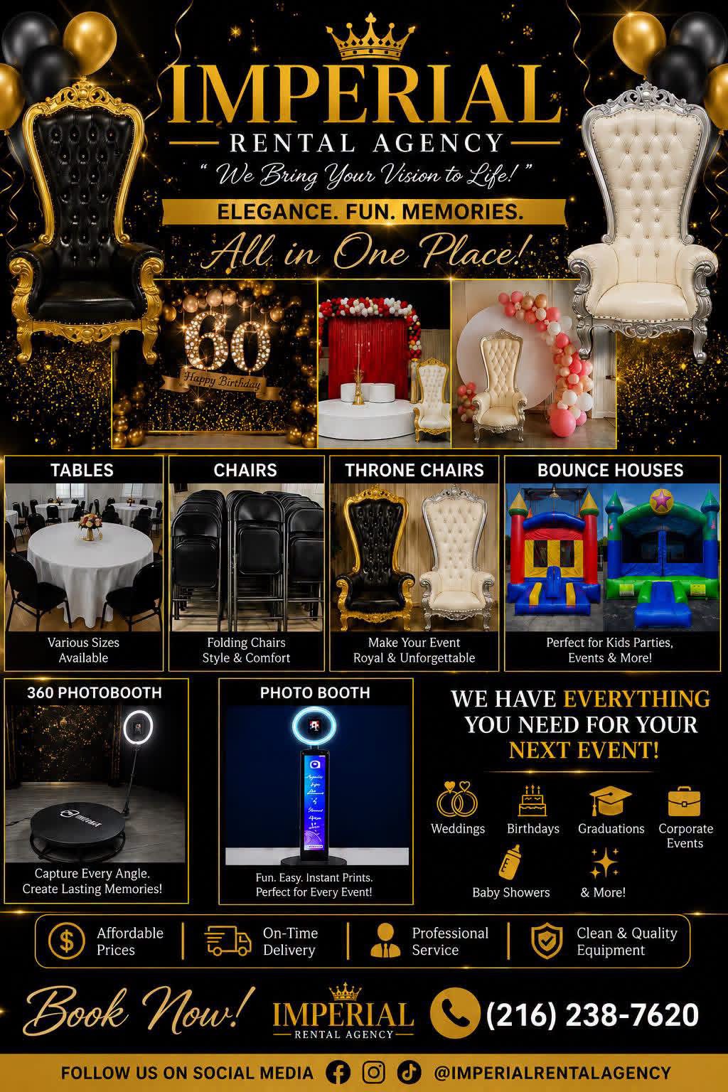 Imperial Rental Agency tables, chairs, throne chairs, bounce houses and photo booth rentals